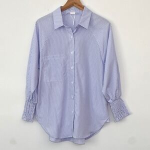 Classic Preppy Academia Women Top S White Blue Stripe Smocked Tunic Coastal Chic